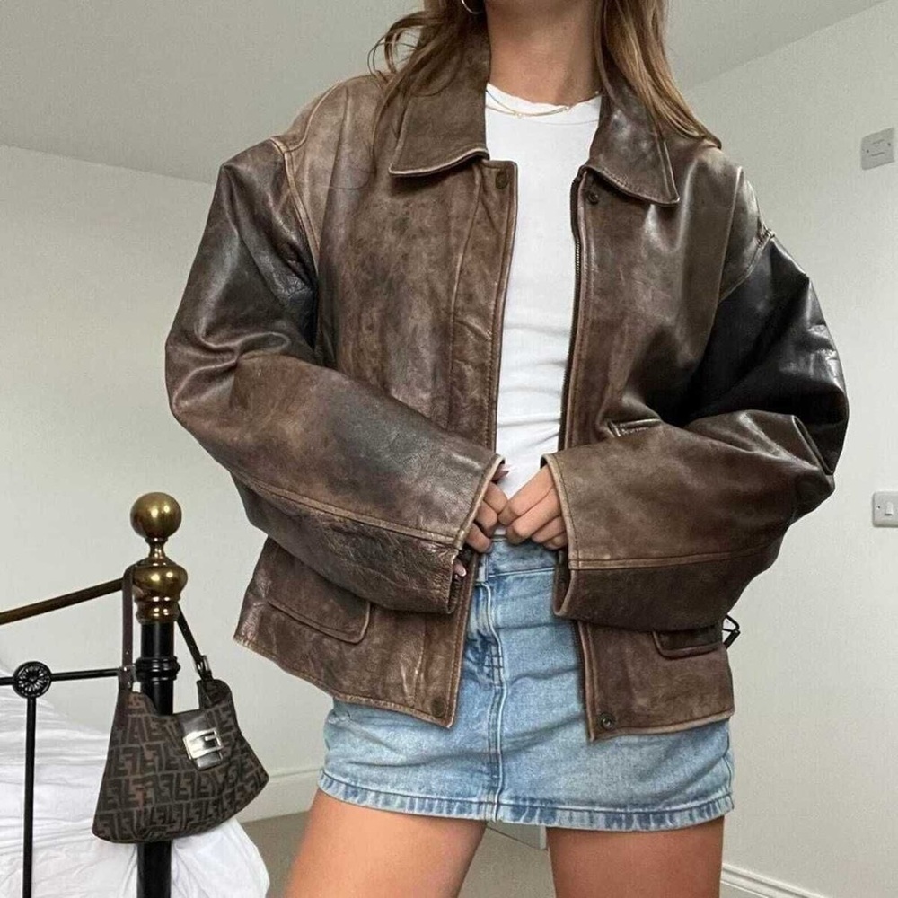 Vintage GAP Brown Leather Bomber Jacket Y2K  Distressed Biker Indiana Jones Moto